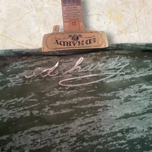 Ed Hardy Y2K Green Open Front Cardigan Lightweight Flowy Draped Hemline - Picture 6 of 7